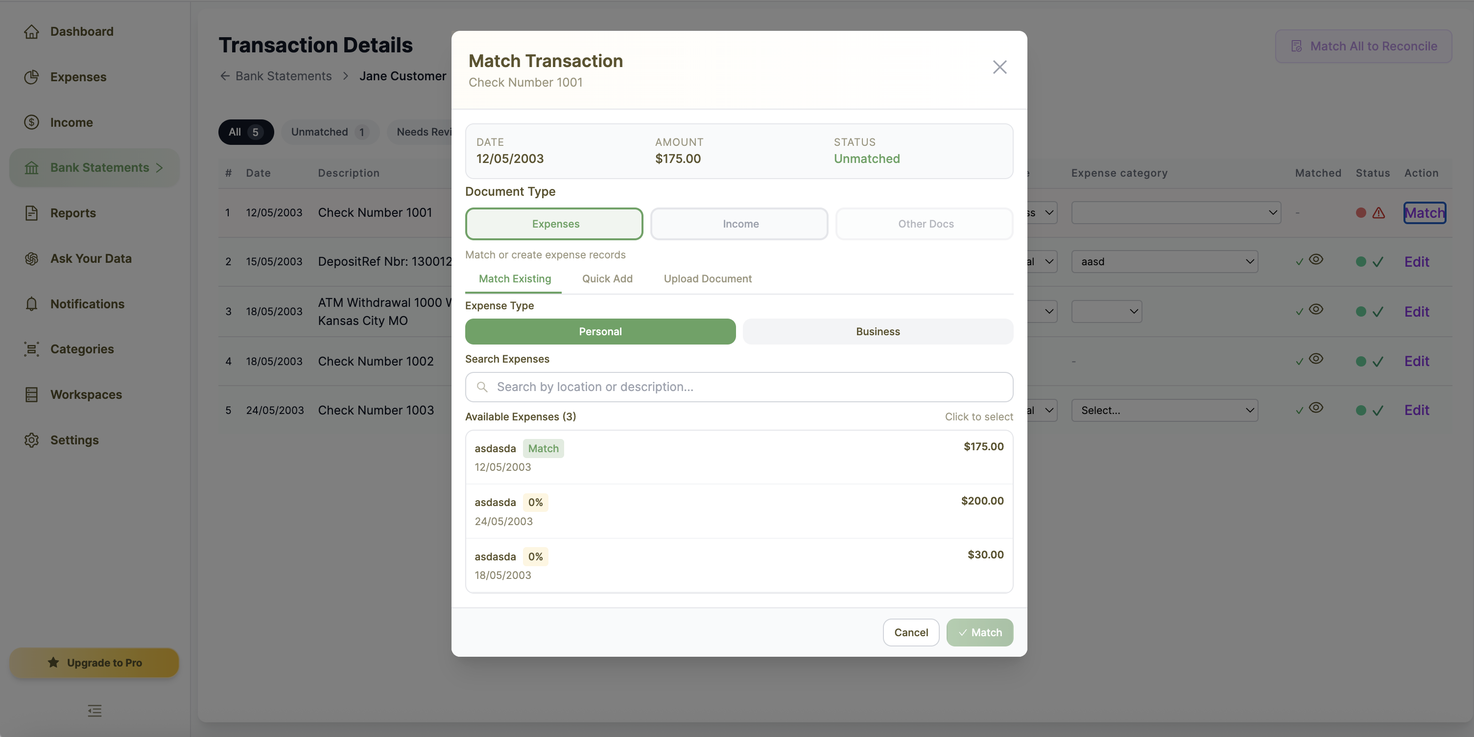 Review Unmatched Transactions