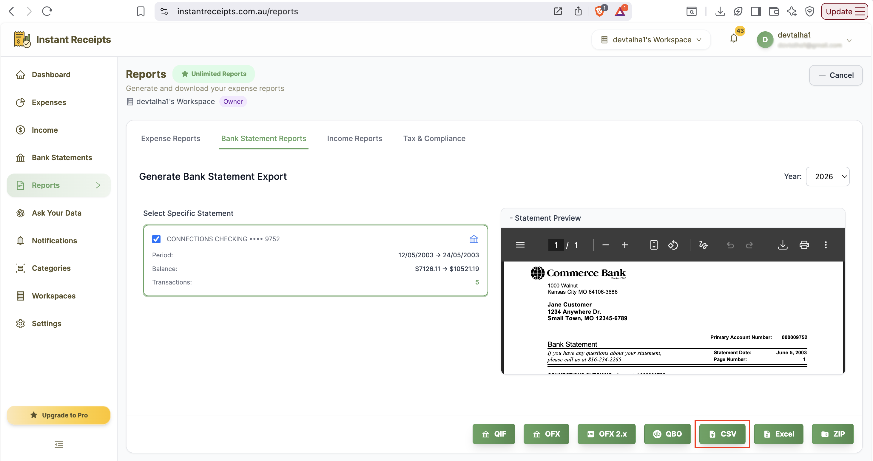 Click the CSV Button
