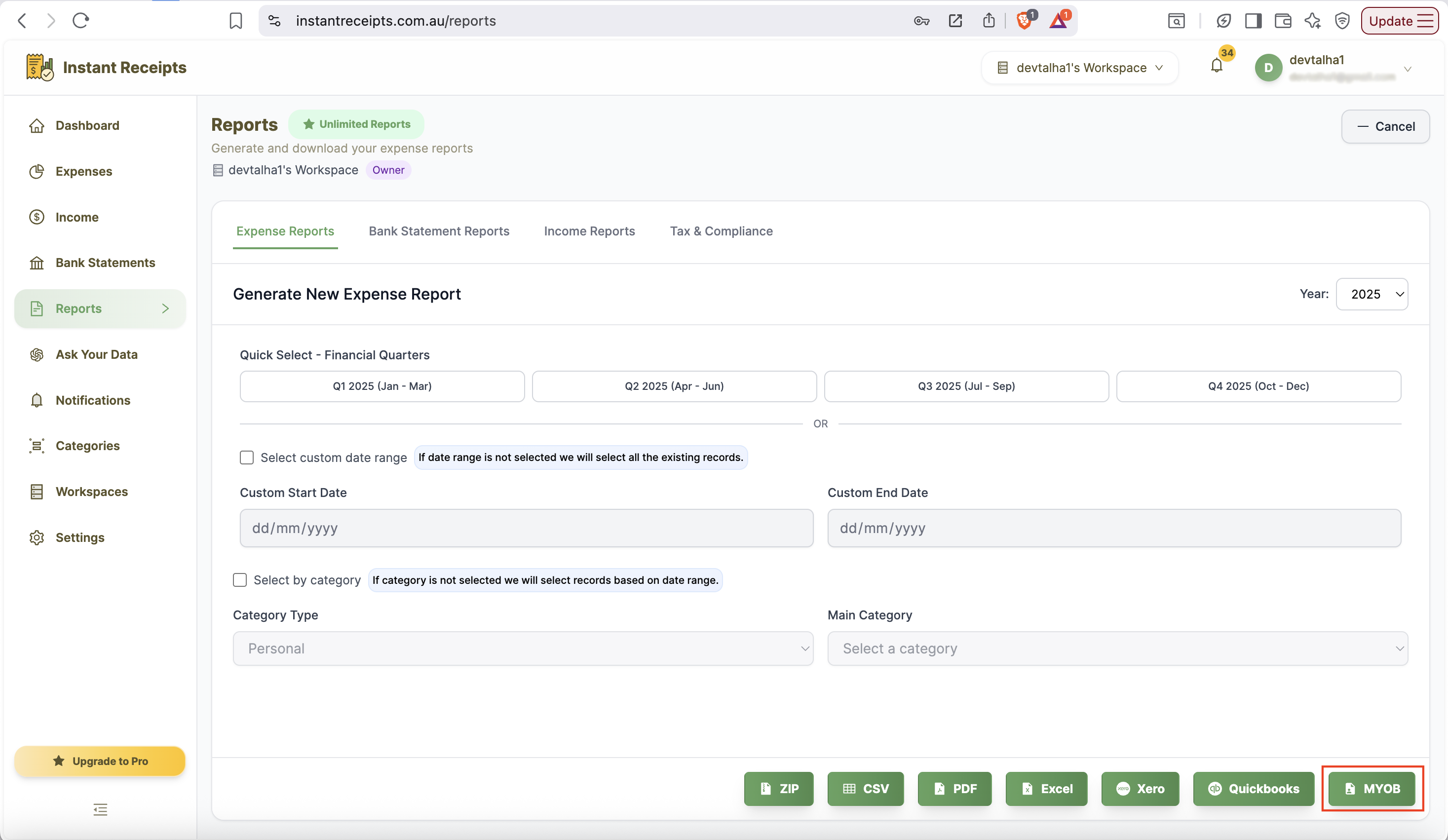 Click MYOB Button