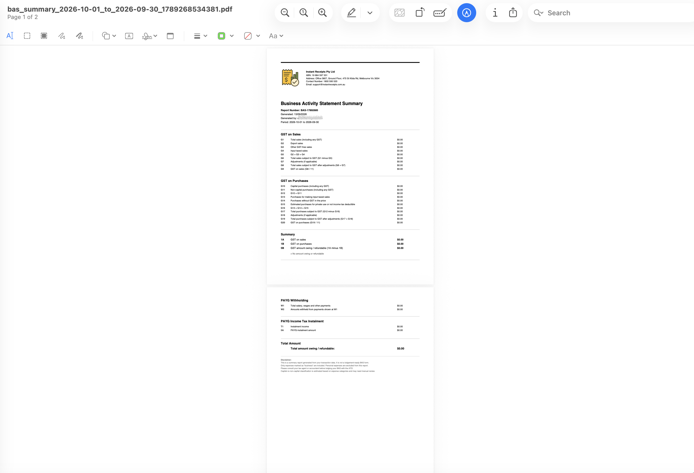 Preview Your BAS Summary PDF Report